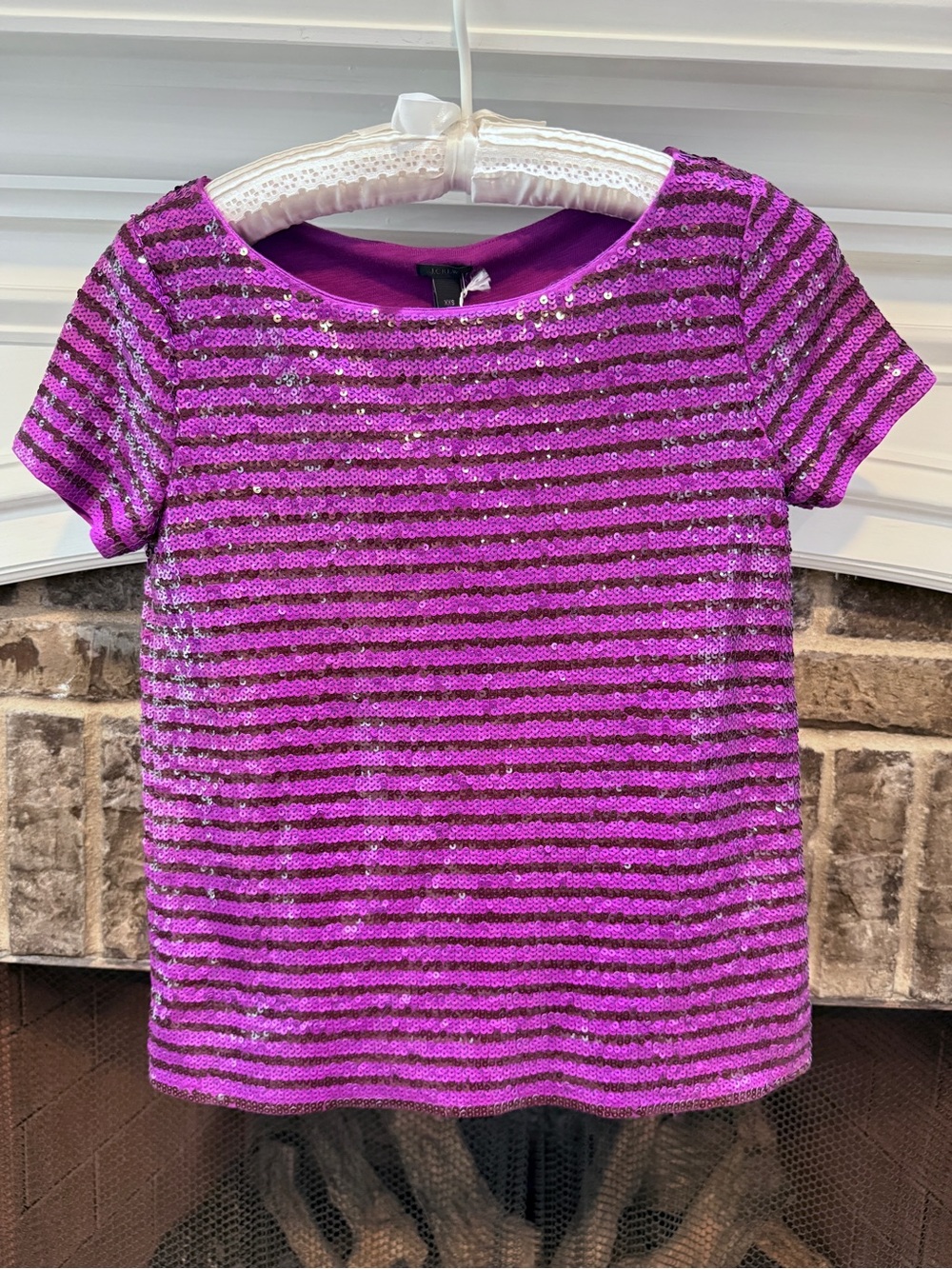 Women’s Fuchsia and Brown Sequin Striped Tee - Sparkle Short Sleeve Top